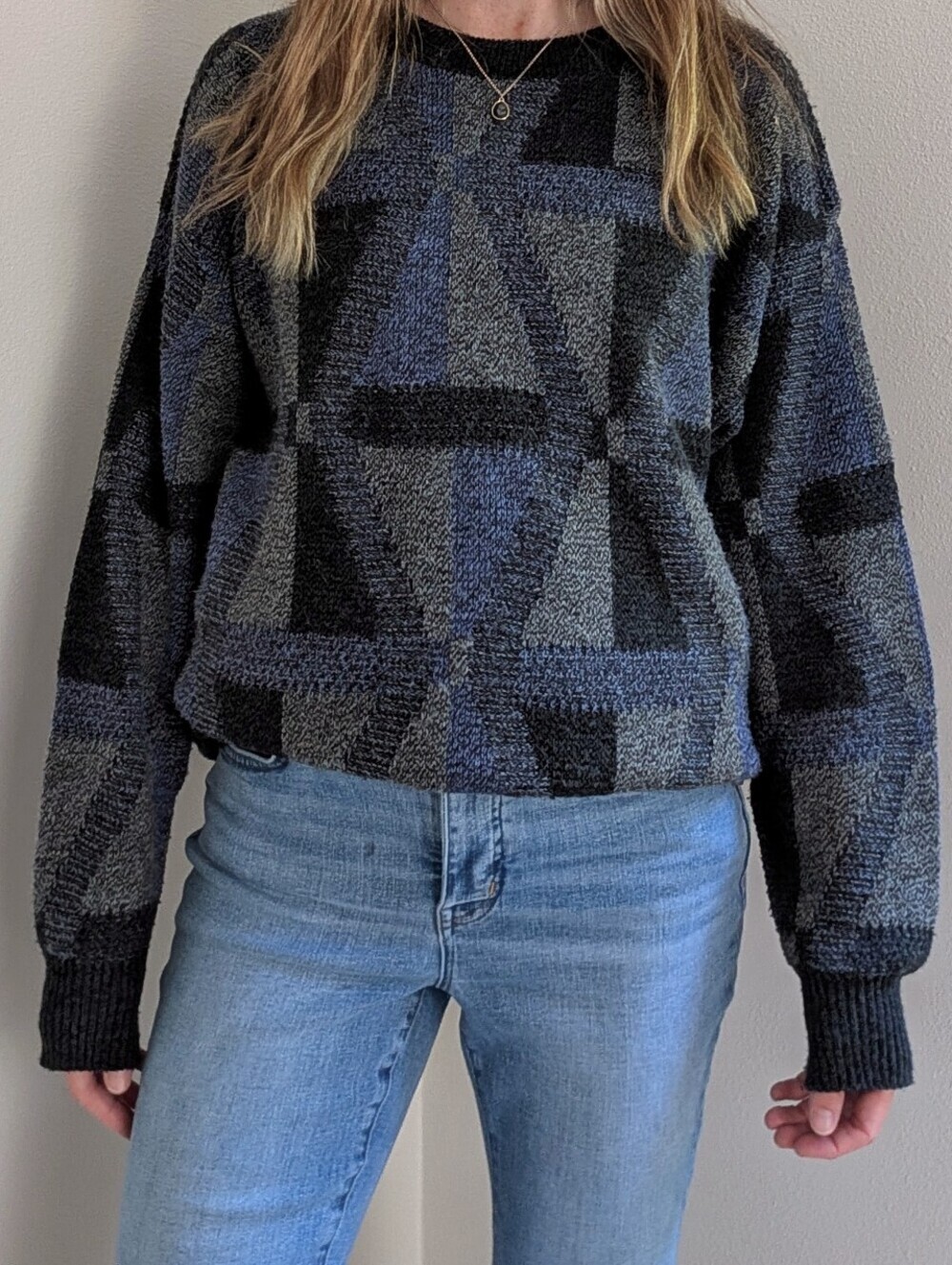 Vintage Abstract Geometric Patterned  Crewneck Sweater In Black/Navy